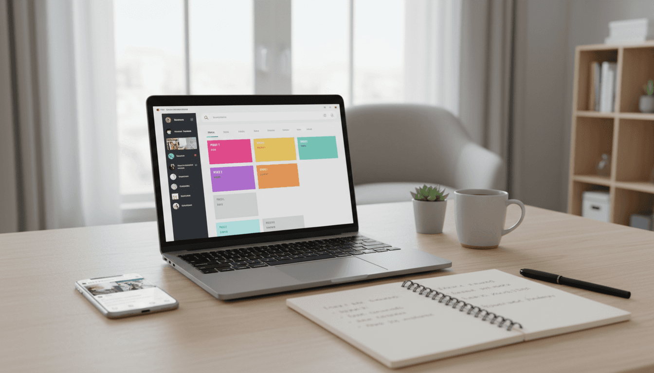 Social media content planning on a laptop with a phone and notebook in a modern workspace