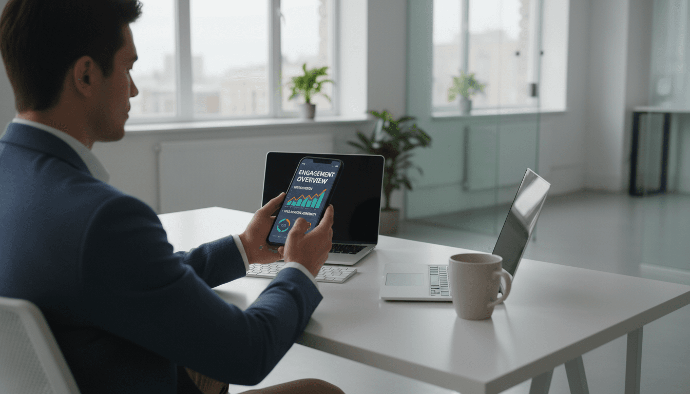 Person reviewing social media analytics on a smartphone in a modern workspace