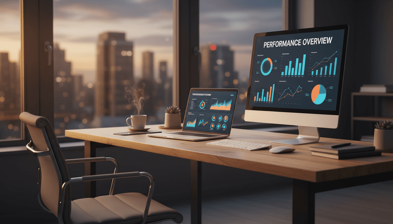 Warmly lit modern office desk with laptop displaying analytics charts.