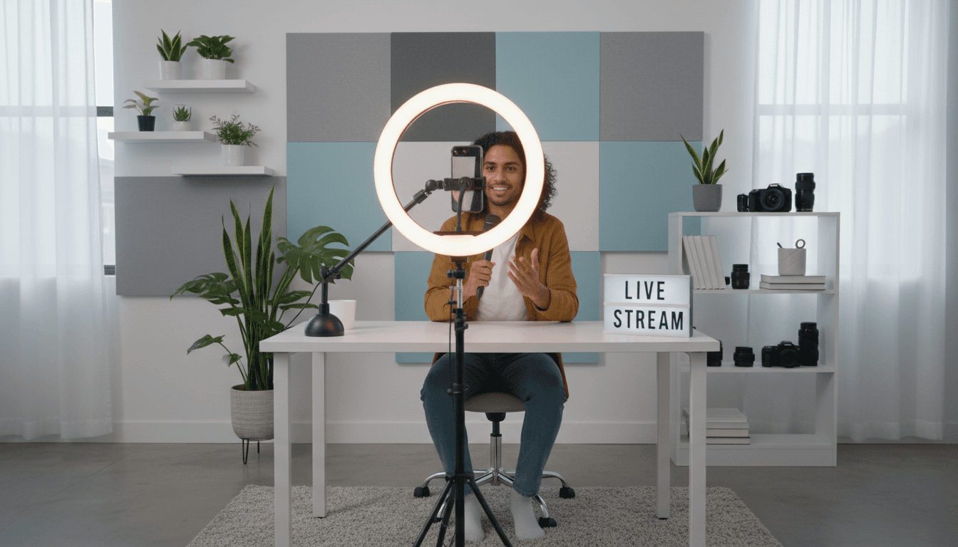 Person creating social media content with a smartphone and ring light in a bright home studio