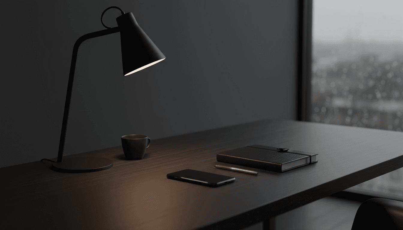 Minimalist workspace with a smartphone and notebook in moody lighting