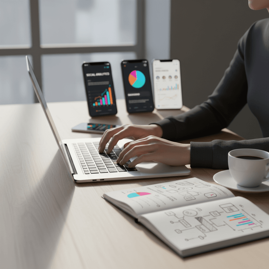 Person using a smartphone with social media apps open in a bright modern office